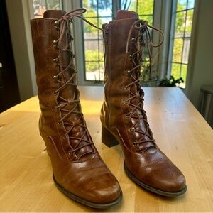 Naturalizer Leather Heeled Lace Up Boots Cognac 9.5